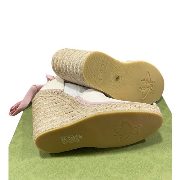Gucci GG Espadrille Ribbon Tie Canvas Pink Wedge White 38.5 - Picture 3 of 9